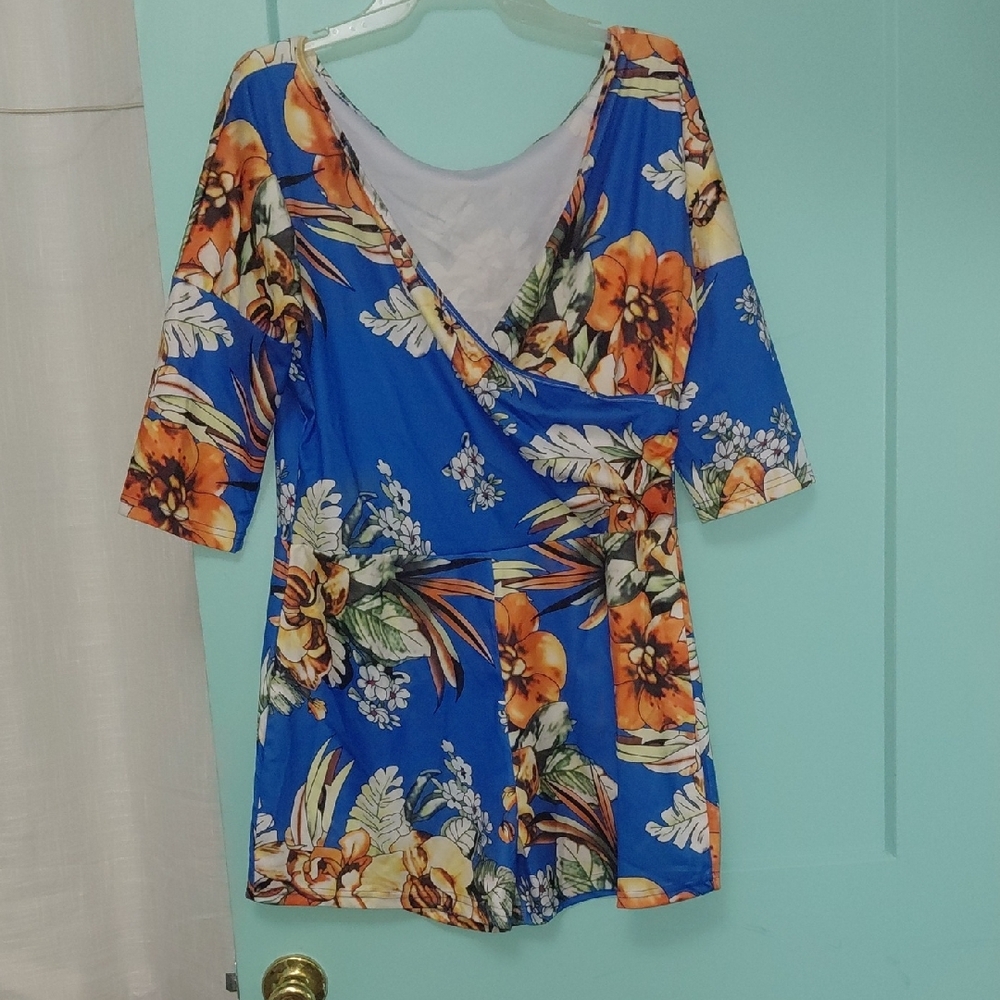 Blue and Orange Shorts Romper with 3/4 Sleeves